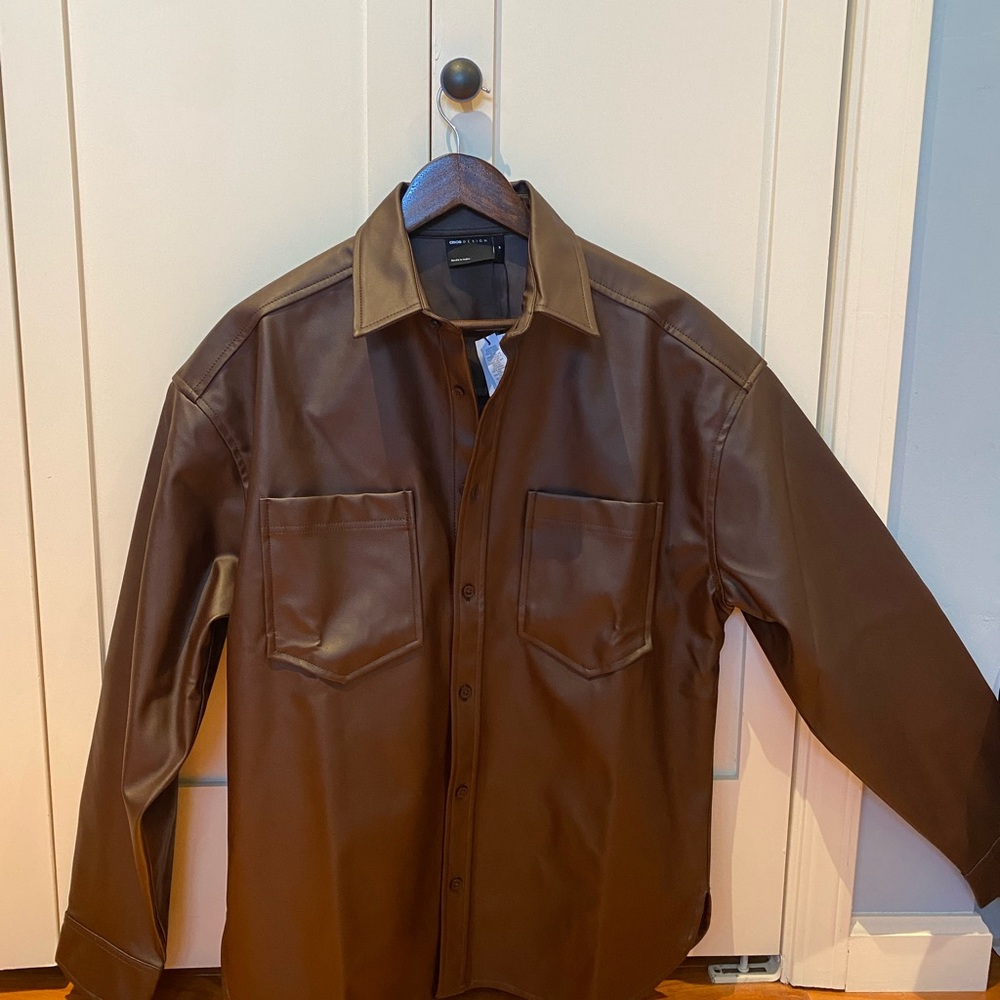 ASOS DESIGN 90s oversized faux leather shirt in brown